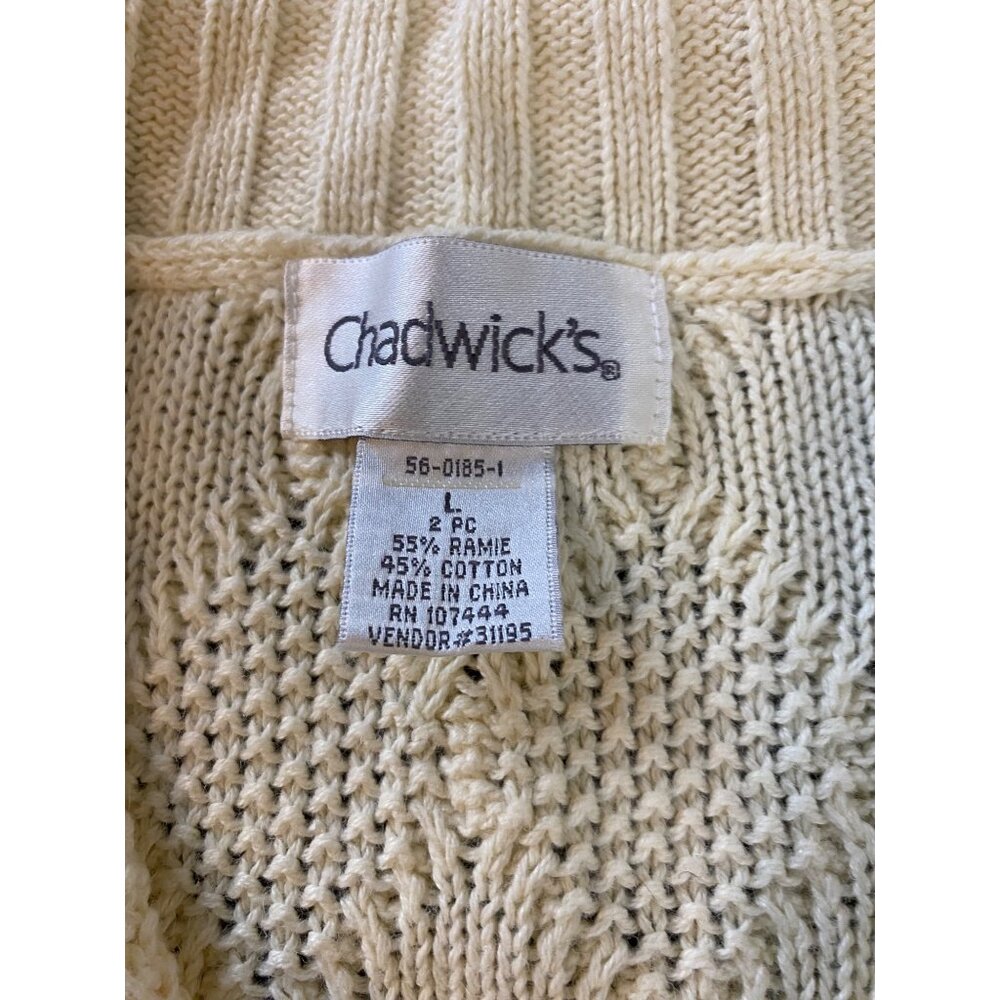 Chadwicks Cream Full Zip Cable Knit Sweater Large Womens Cardigan Ivory Stretch - Picture 3 of 5